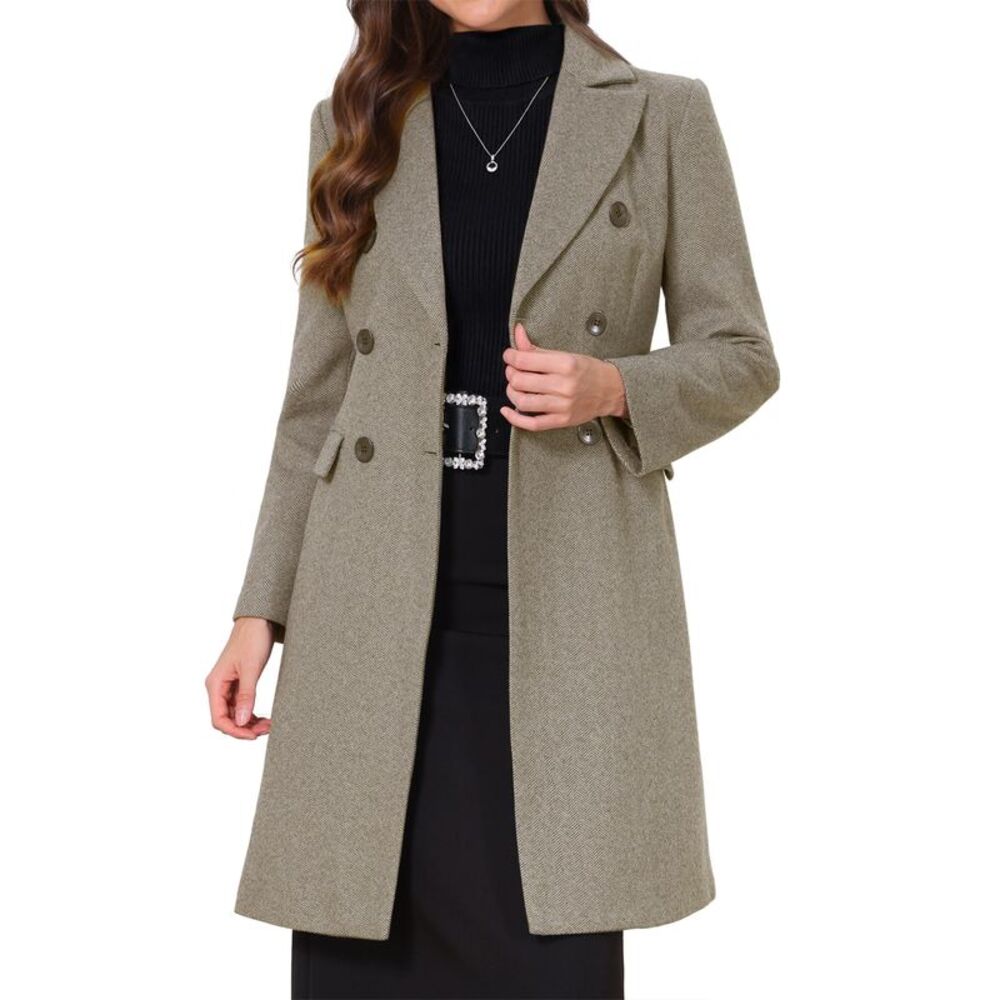 Women's Lapel Collar Elegant Work Office Outwear Winter Pea Coat Twill Khaki